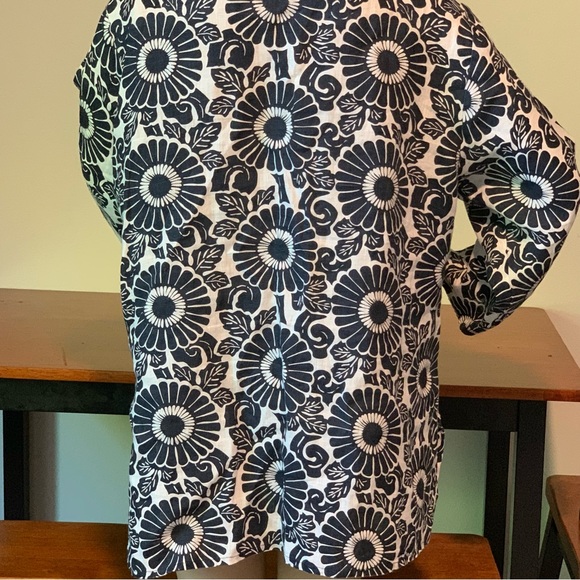 Flax Blue Floral Linen Tunic Top Blouse L Lagenlook Beach Resort Coastal - Picture 8 of 16